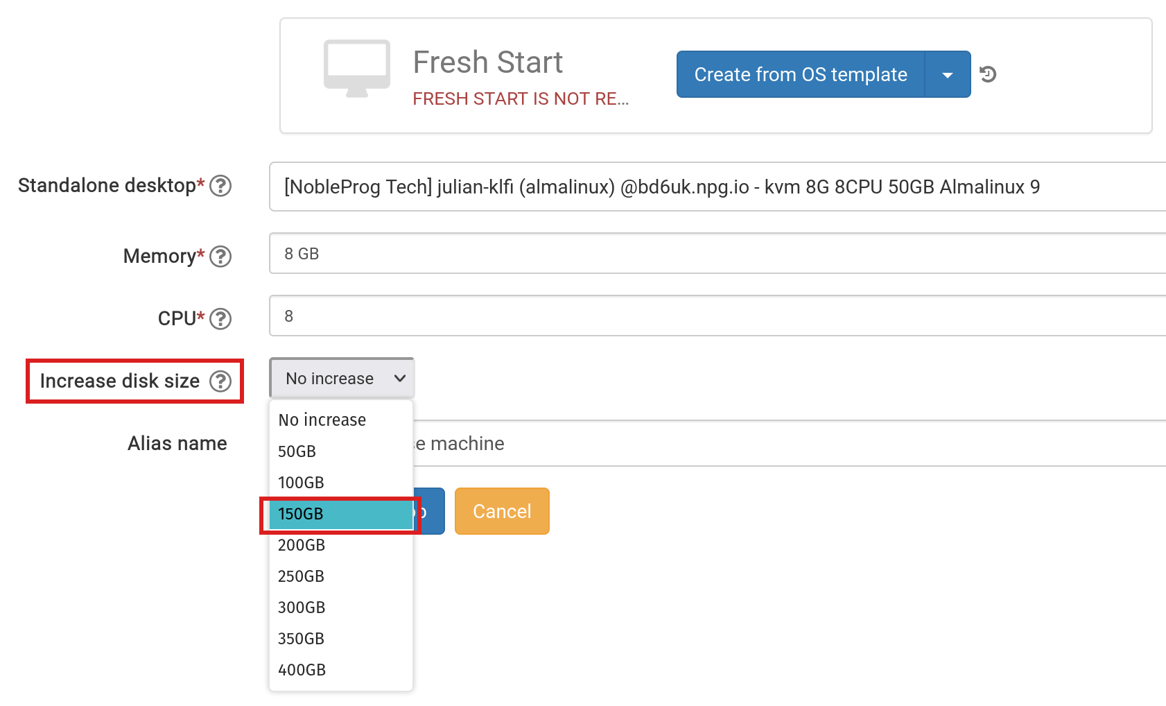 Utwórz Fresh Start z Standalone, wybierz zmianę rozmiaru dysku